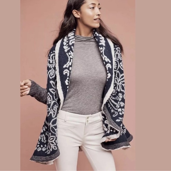 Sleeping on Snow Anthropologie Blue White Wool First Snow Sweater Coat Small S - Picture 2 of 4